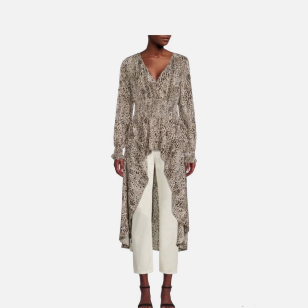 Patrizia Luca Beige Animal Print Long Peplum Blouse